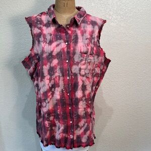 A Rare Bird Women One Size Black Red Rhinestone Sleeveless Bleach Dyed Top NWT